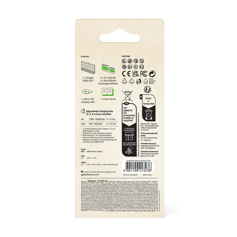 GP ReCyko E821 USB Economy Charger with 4 ReCyko 2100 AA and 4 ReCyko 850 AAA