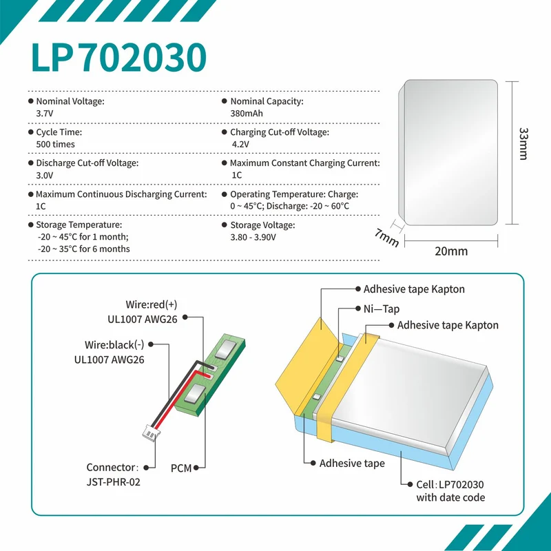 702030 Lipo 3,7V 380mAh wiederaufladbarer Lithium-Polymer-Akku für GPS