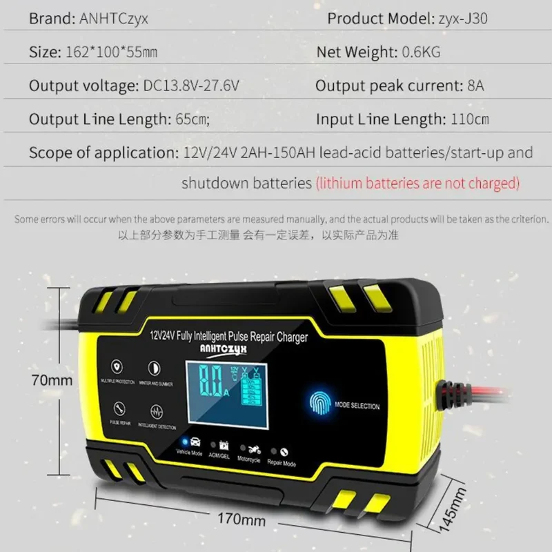 Anhtczyx 12V 24V Blei-Säure-Batterieladegerät Autobatterieladegerät für Motorradbatterie AGM