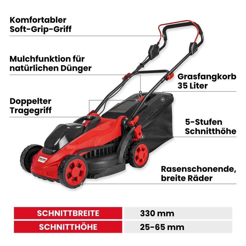 Akku-Rasenmäher mit Mulchfunktion und 2x Akku