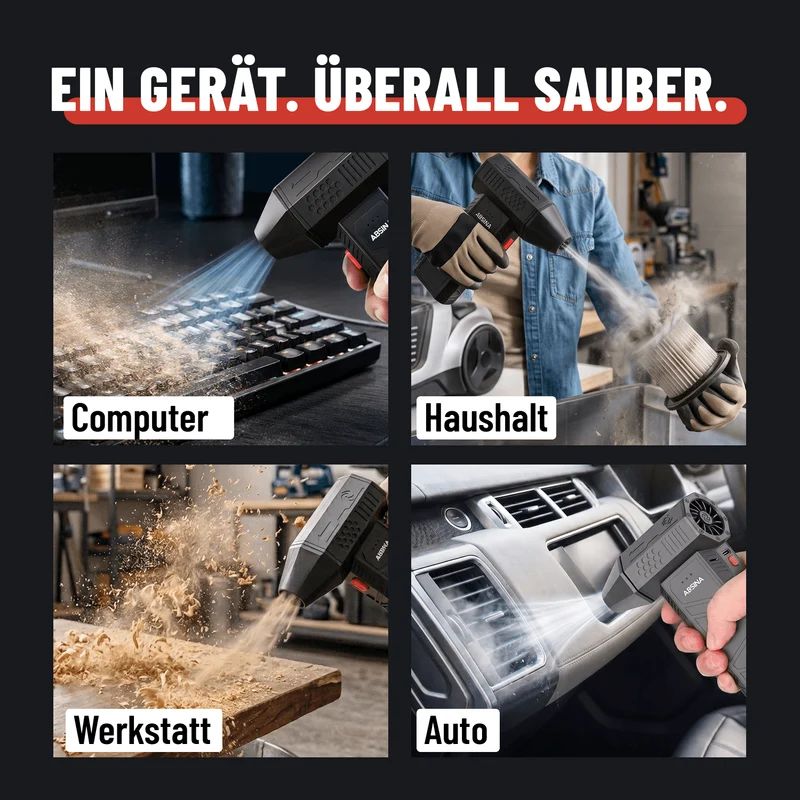 Staubgebläse mit Akku, 3 Stufen und 4 Düsen
