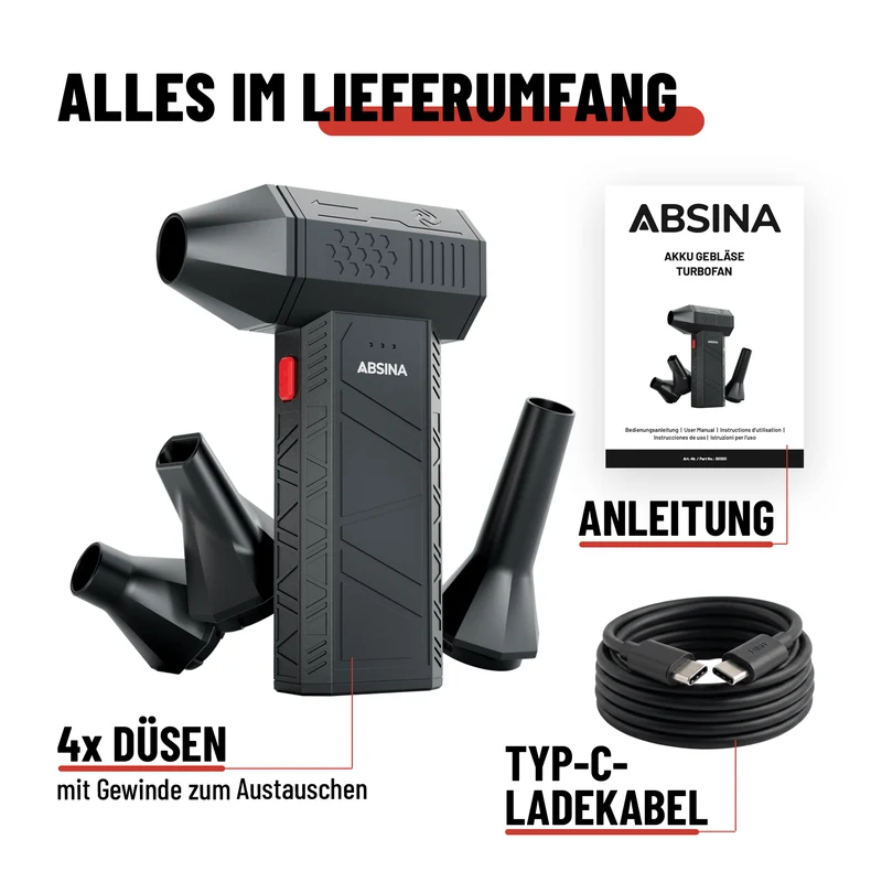 Staubgebläse mit Akku, 3 Stufen und 4 Düsen