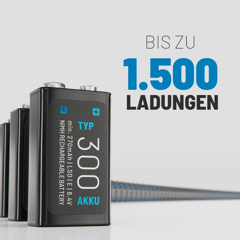 Blockakku im Format 9 V, 8,4 V NiMH, mindestens 270 mAh