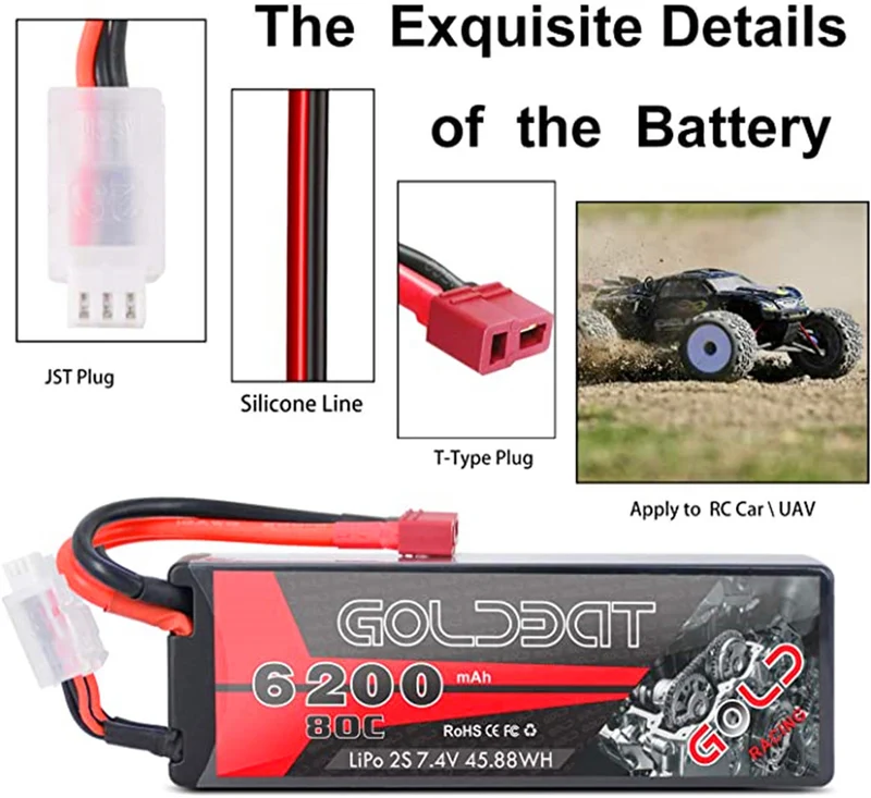 2 Packs RC Akku 6200 mAh Lipo Akku Lipo Batterie 80C 2S 7,4V mit Female T-Stecker Batterie Ersatzakku für RC Auto Flugzeug Helikopter