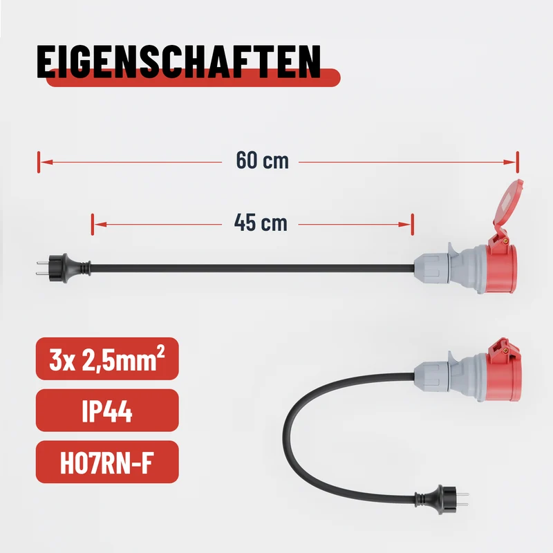 Adapter von Schuko auf CEE 16 A, einphasig, 60 cm