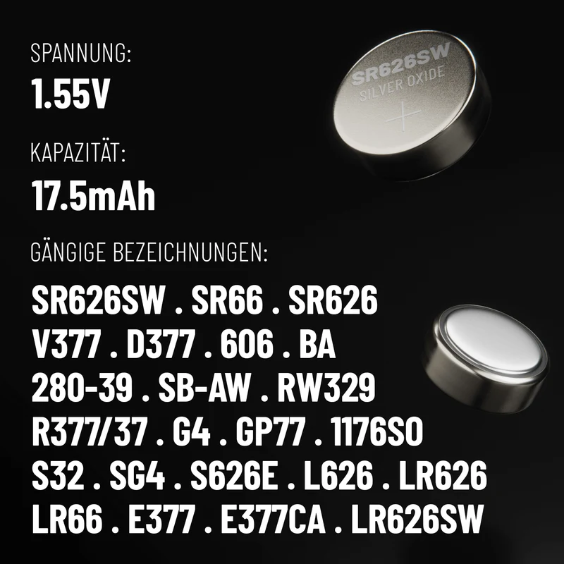 SR626SW Uhrenbatterien, 1,55 V Silberoxid