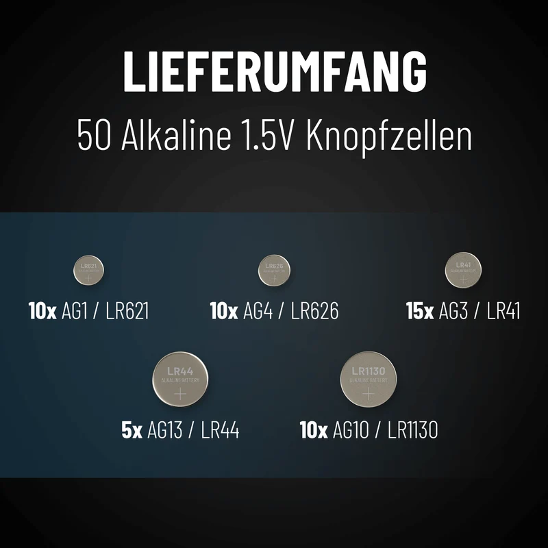 Knopfzellenset mit 5 Sorten, Alkaline 1,5 V