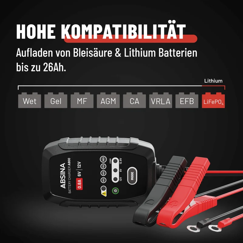 Ladegerät für Motorradbatterien A800, 6/12 V, 0,8 A