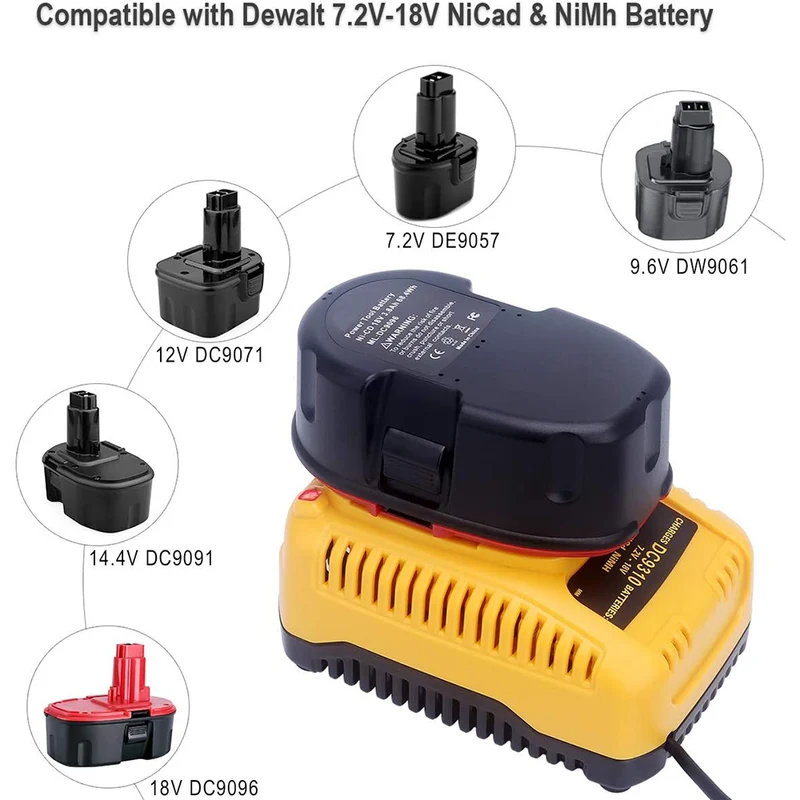 7.2V-18V Akku-Ladegerät DC9310 kompatibel mit Dewalt 18V 14.4V 12V 9.6V 7.2V NiCad & NiMh Akku DC9096 DC9098 DC9099