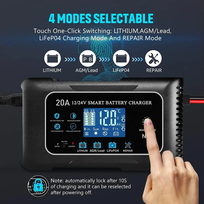 20A 12V/24V Lifepo4 Lithium AGM Gel Smart Batterieladegerät Für Auto, Boot, Motorrad, Rasenmäher