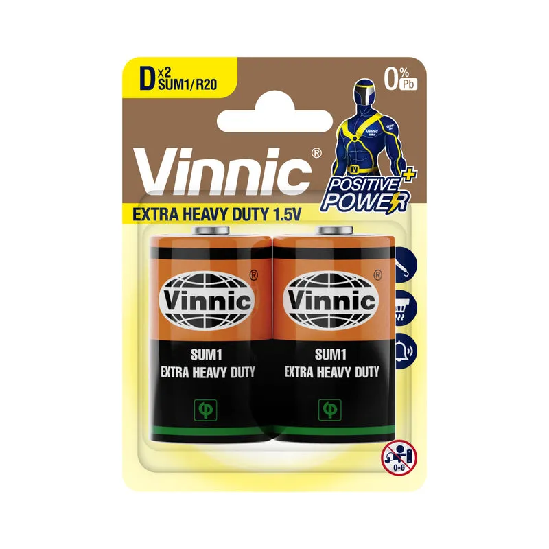 Vinnic - D 1,5V Extra Heavy Duty Zink-Kohle-Batterie - 2 Stück