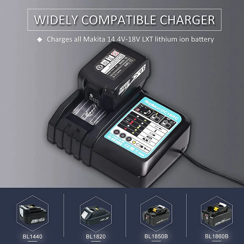 18 V Akkuladegerät Ersatz für Makita Ladegerät DC18RC DC18RD DC18RA DC18SF Kompatibel mit allen Makita 14,4 V-18 V LXT Lithium-Ionen-Akkus