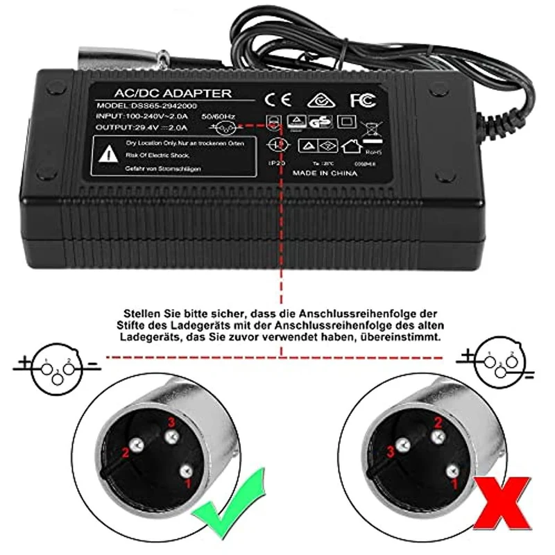 29.4V 2A Netzteil Ladegerät Passend für 24V 10AH Lithium-Ionen Elektroroller E-Bikes mit 3pin Stecker