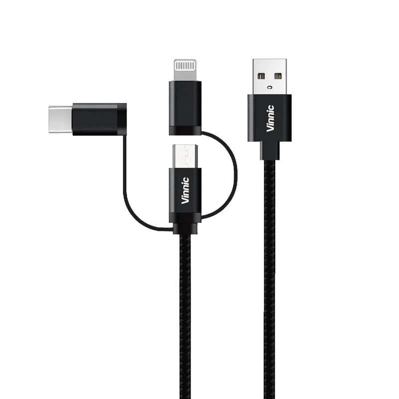 Vinnic 3-in-1 MFi USB-A-Kabel 0,9 m | Schnellladen, 480 Mbit/s, für iPhone, iPad, USB-C & Micro-USB