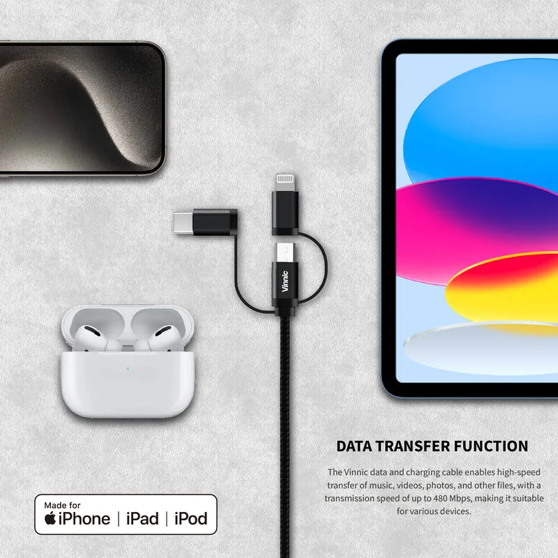 Vinnic 3-in-1 MFi USB-A-Kabel 0,9 m | Schnellladen, 480 Mbit/s, für iPhone, iPad, USB-C & Micro-USB