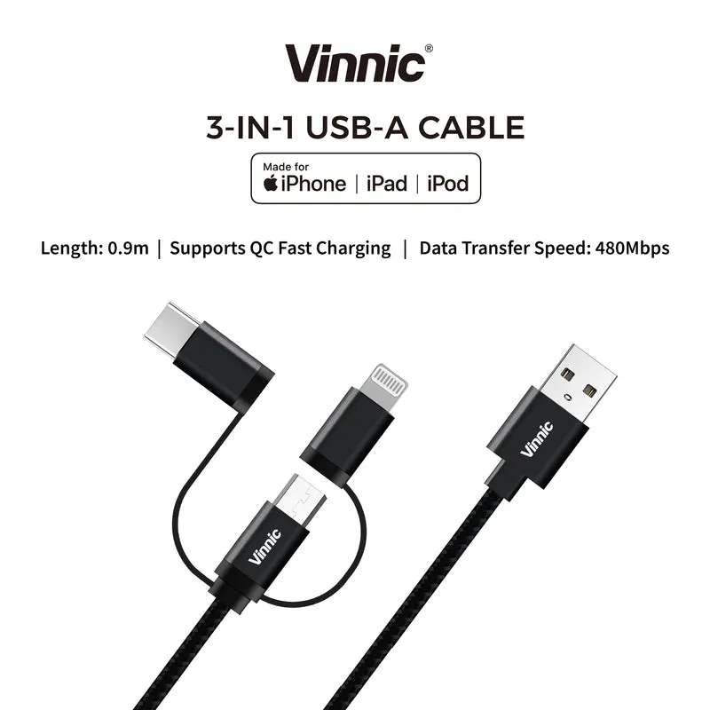 Vinnic 3-in-1 MFi USB-A-Kabel 0,9 m | Schnellladen, 480 Mbit/s, für iPhone, iPad, USB-C & Micro-USB