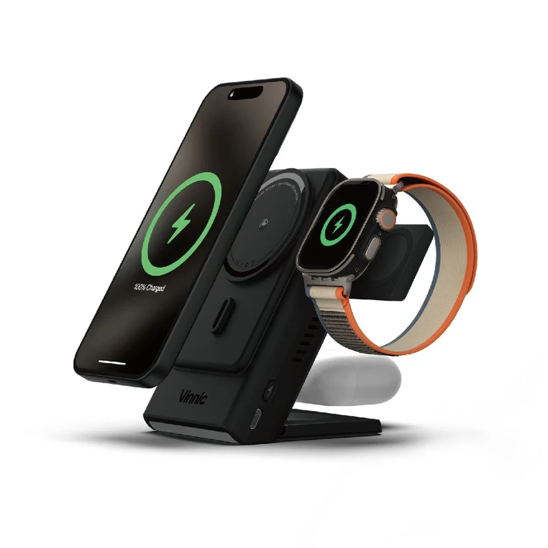 Vinnic Aello Peak 3-in-1 True Wireless MagSafe Ladestation & 5000mAh Powerbank | Abnehmbar | Für iPhone, Apple Watch, AirPods