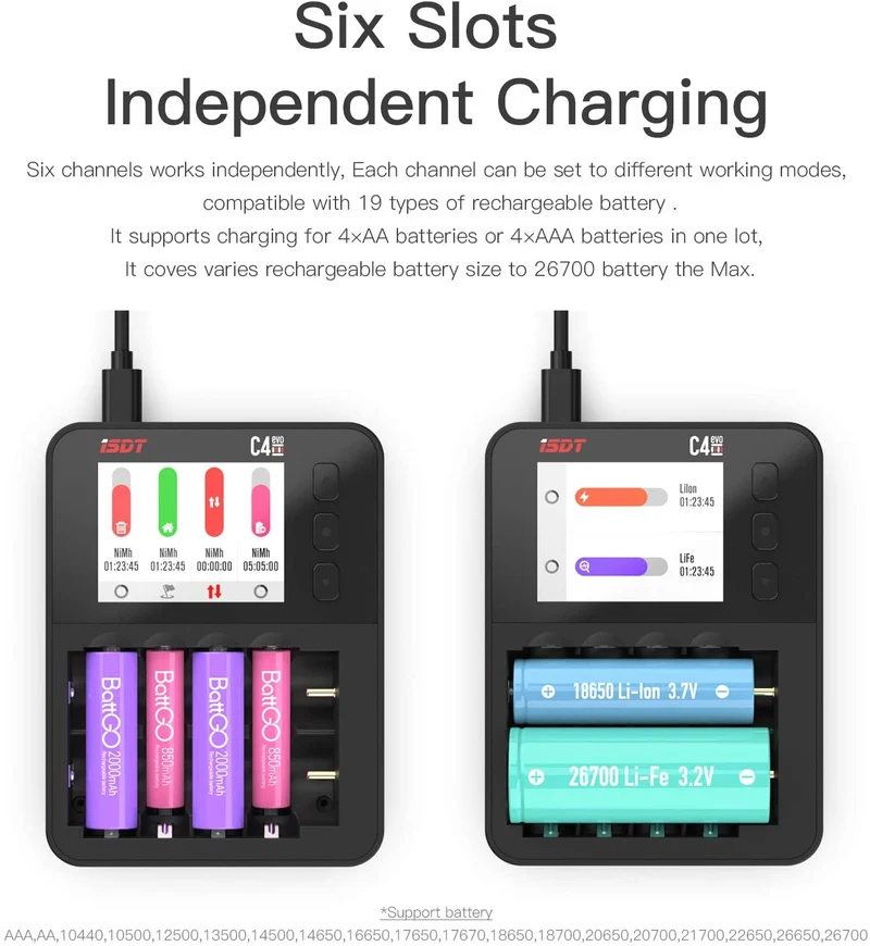 ISDT C4 EVO Batterieladegerät Akku Schnellladen TYPE-C QC 3.0 LiHv- und LiFePO4 18650 18700 26650 wiederaufladbare Batterien