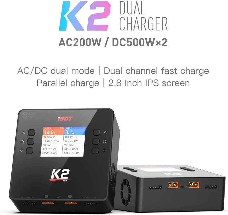 ISDT K2 Lipo AC 200W DC 500Wx2 20A Akku Ladegerät Balance Entlader für Life/Lilon/LiPo 1-6S/ LiHv/Pb/NiMH RC Akku Batterien