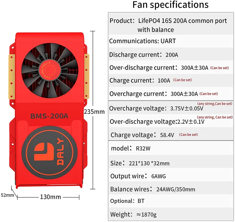 Daly smart bms Lifepo4 Li-ion 16S 48V 60V 200A FAN bluetooth 52 130 235