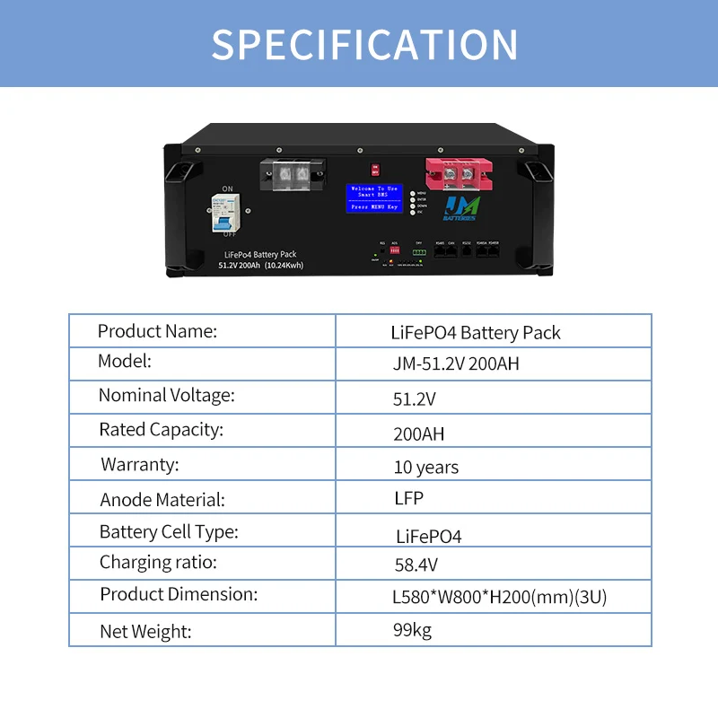 JM High Energy Density Battery 51.2V 48V 200ah 10kwh Rack Energy Storage Lithium Battery