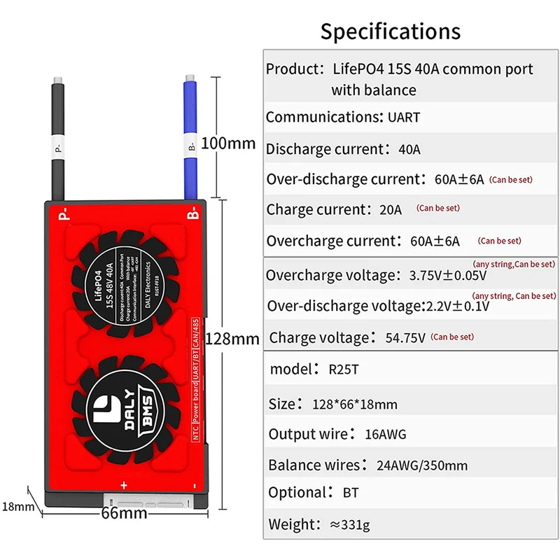 Daly smart bms Lifepo4 15S 48V 40A bluetooth 18 66 128