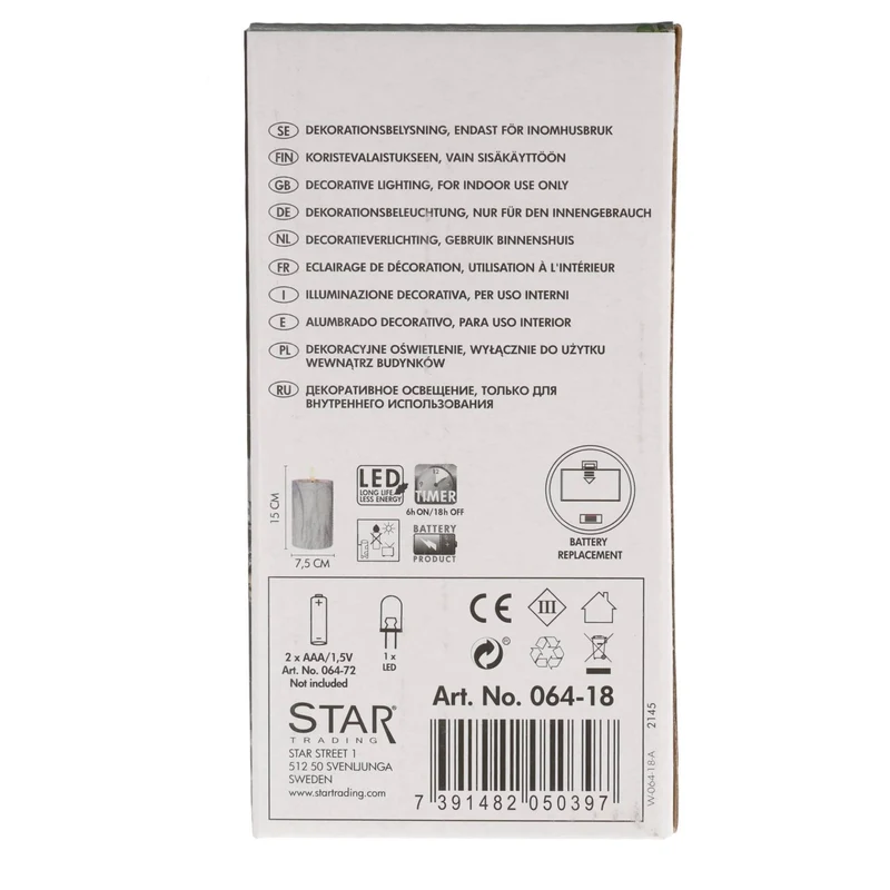 Star Trading LED-Kerze mit Marmorstruktur und warmweißer Flacker-LED, Timer-Funktion, batteriebetrieben, Höhe 15cm