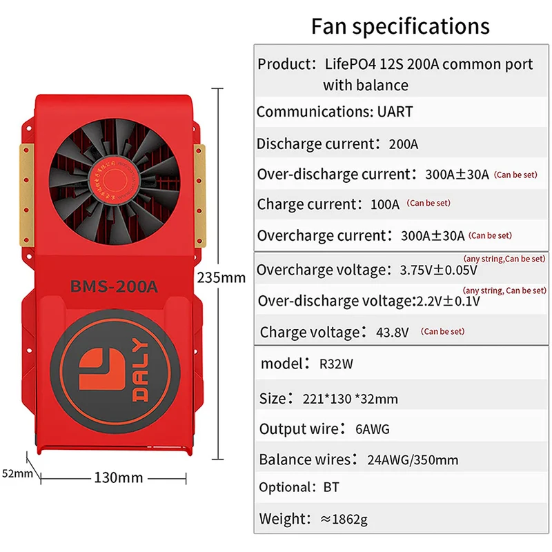 Daly smart bms Lifepo4 12S 36V 200A FAN bluetooth 52 130 235