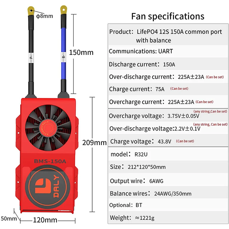 Daly smart bms Lifepo4 12S 36V 150A with Fan bluetooth 50 120 209