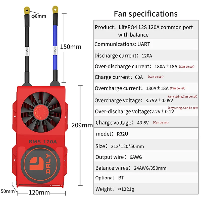 Daly smart bms Lifepo4 12S 36V 120A with Fan bluetooth 50 120 209