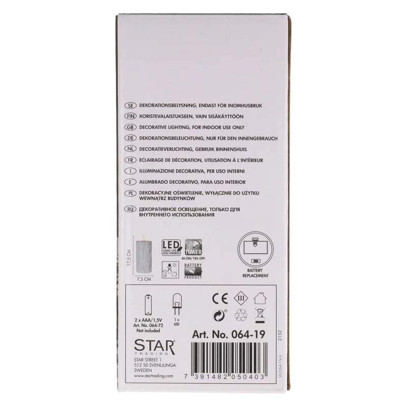 Star Trading LED-Kerze mit Marmorstruktur und warmweißer Flacker-LED, Timer-Funktion, batteriebetrieben, Höhe 17,5cm