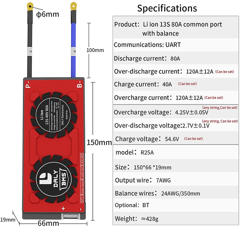 Daly smart li-lon bms 13S 48V 80A bluetooth 19 66 150