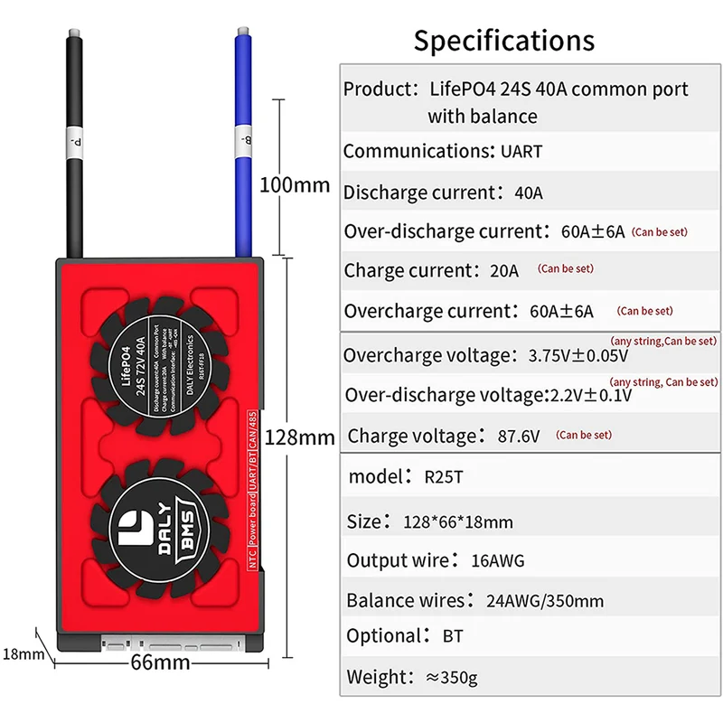 Daly smart bms Lifepo4 24S 72V 40A bluetooth 18 66 128