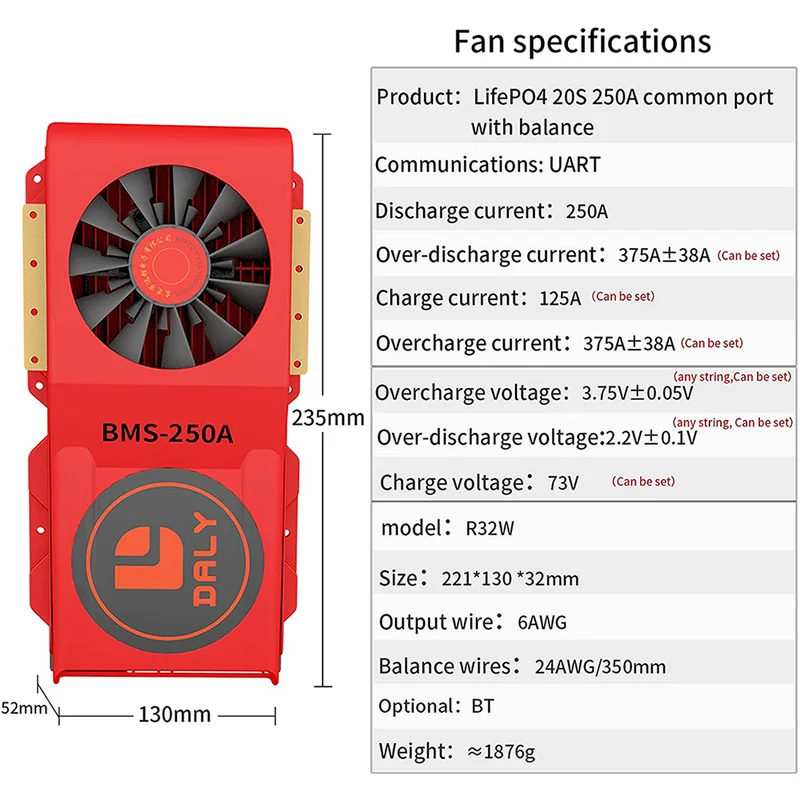 Daly smart bms Lifepo4 20S 60V Li-ion 20S 72V 250A with Fan bluetooth 52 130 235
