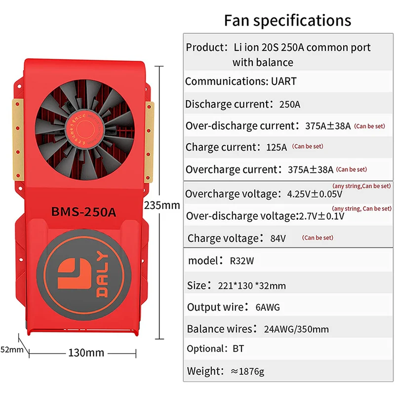 Daly smart bms Lifepo4 20S 60V Li-ion 20S 72V 250A with Fan bluetooth 52 130 235