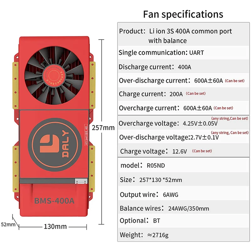 Daly smart bms Lion 3S 12V 400A FAN bluetooth BMS boardithium battery protection Board 52130257