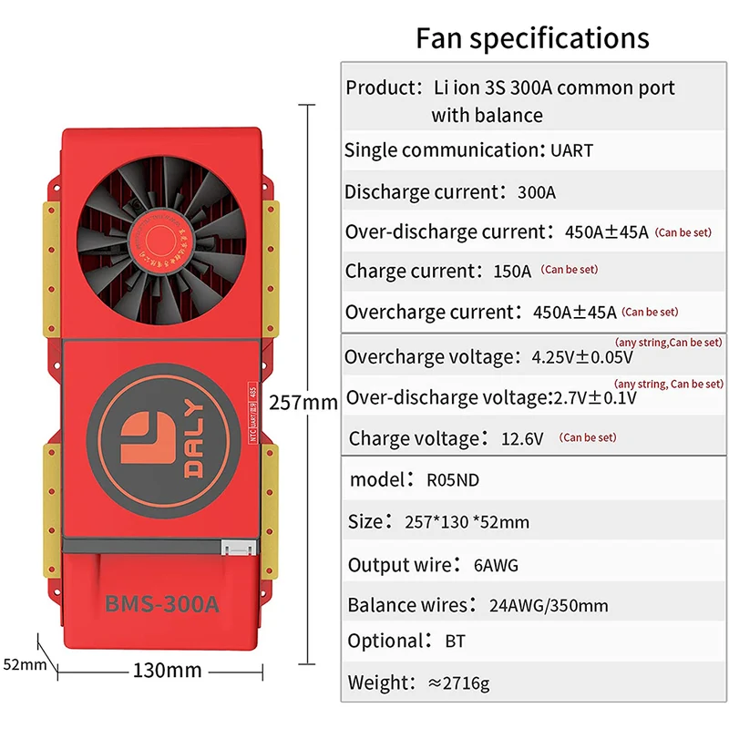 Daly smart bms Lion 3S 12V 300A FAN bluetooth BMS boardithium battery protection Board 52130257