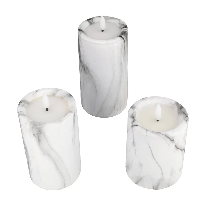 Star Trading 3er-Set LED-Kerzen mit Marmorstruktur und warmweißer Flacker-LED, Timer-Funktion, batteriebetrieben
