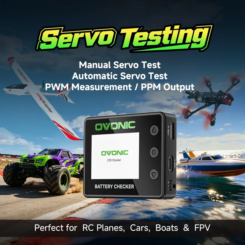 OVONIC C30 Smart-Akkutester und Zell-Balancer für 1S-8S LiPo-, LiHV-, LiFe- & Li-Ion-Akkus, PWM/PPM-Servotester, 30 W USB-C PD & 22,5 W USB-A Schnellladeausgang