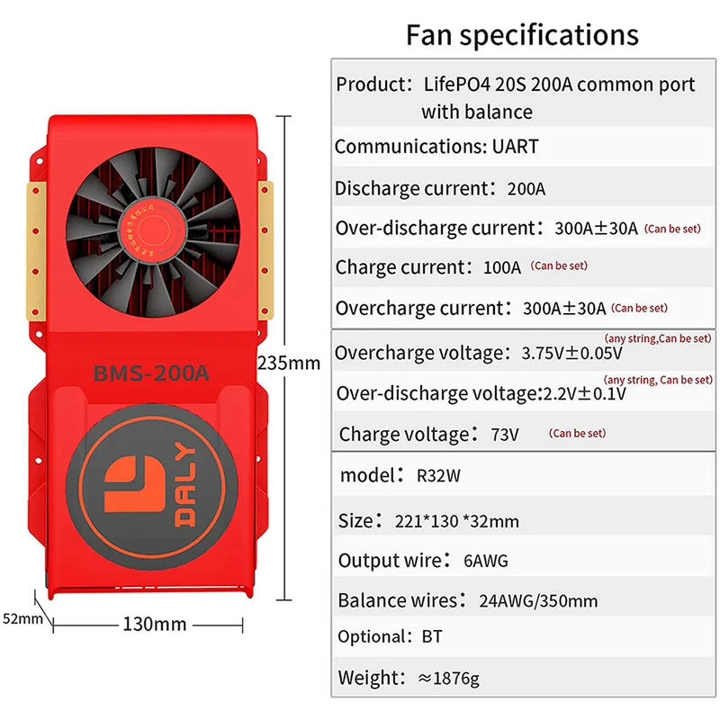 Daly smart bms Lifepo4 20S 60V Li-ion 20S 72V 200A bluetooth FAN 32130221