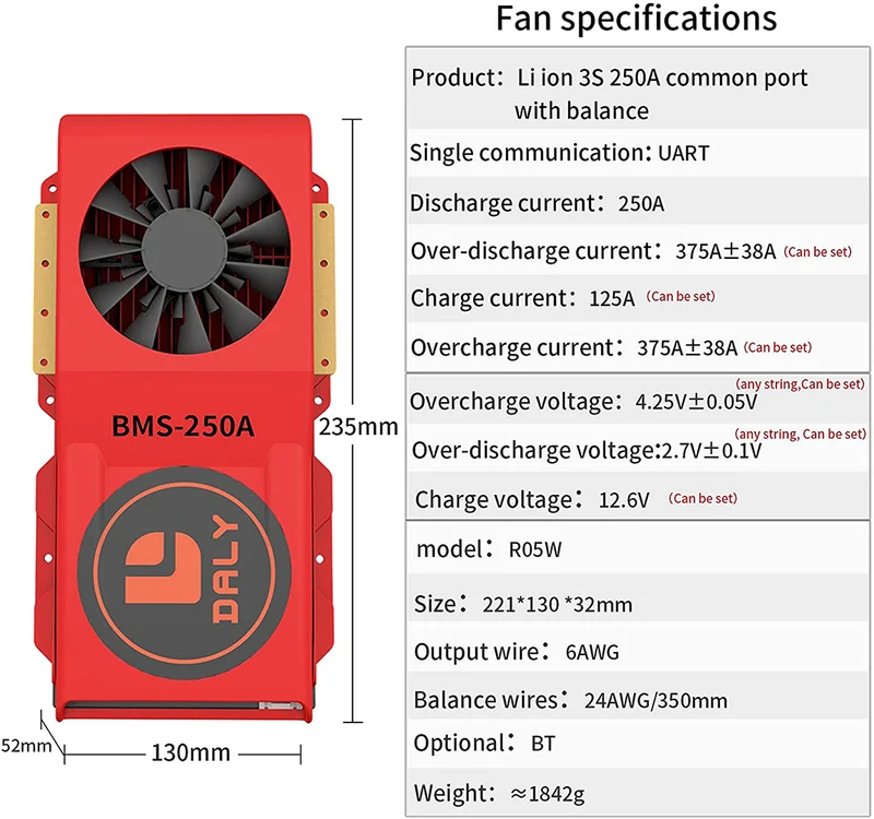 Daly smart bms Lion 3S 12V 250A FAN bluetooth BMS boardithium battery protection Board 52130235