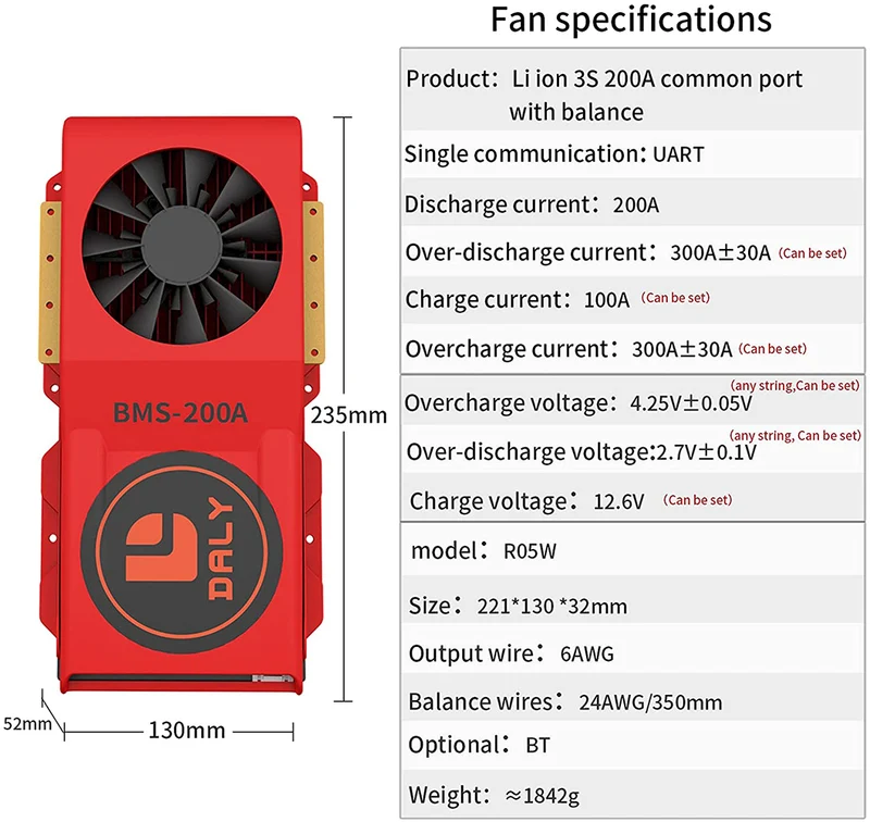 Daly smart bms Lion 3S 12V 200A FAN bluetooth BMS boardithium battery protection Board 52130235
