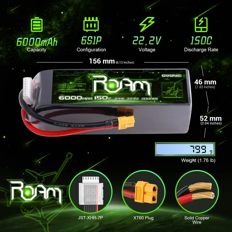 OVONIC Roam-Serie 22,2V 6000mAh 150C 6S Softcase-LiPo-Akkupack mit XT90-S-Anti-Blitz- oder XT60-Stecker