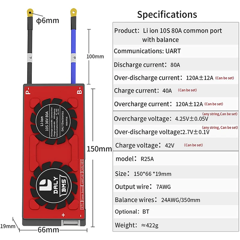 Daly smart bms Lion 10S 36V 80A bluetooth BMS board 19 66 150