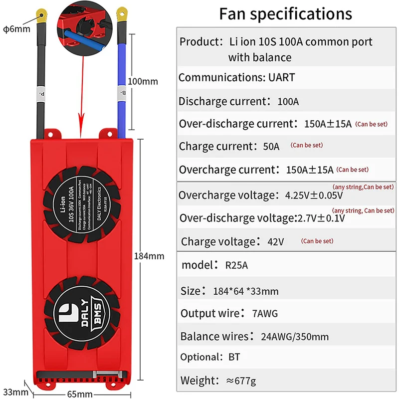 Daly smart bms Lion 10S 36V 100A FAN bluetooth BMS board 33 65 184