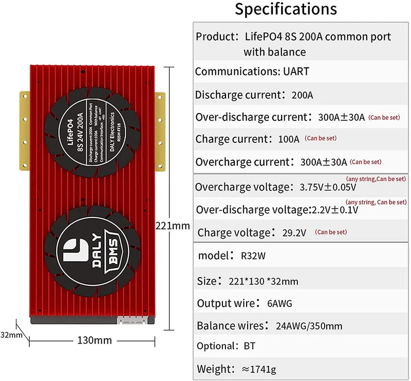 Daly smart bms Lifepo4 8S 24V 200A bluetooth BMS board 32130221