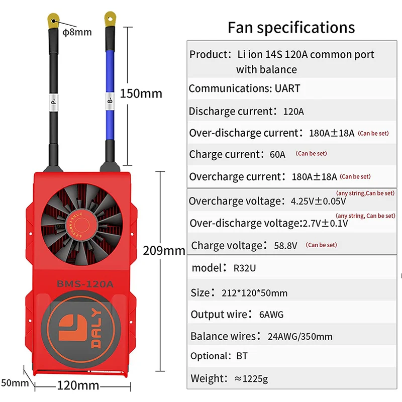 Daly smart bms Li-ion 14S 48V 120A FAN bluetooth BMS board 50 120 209