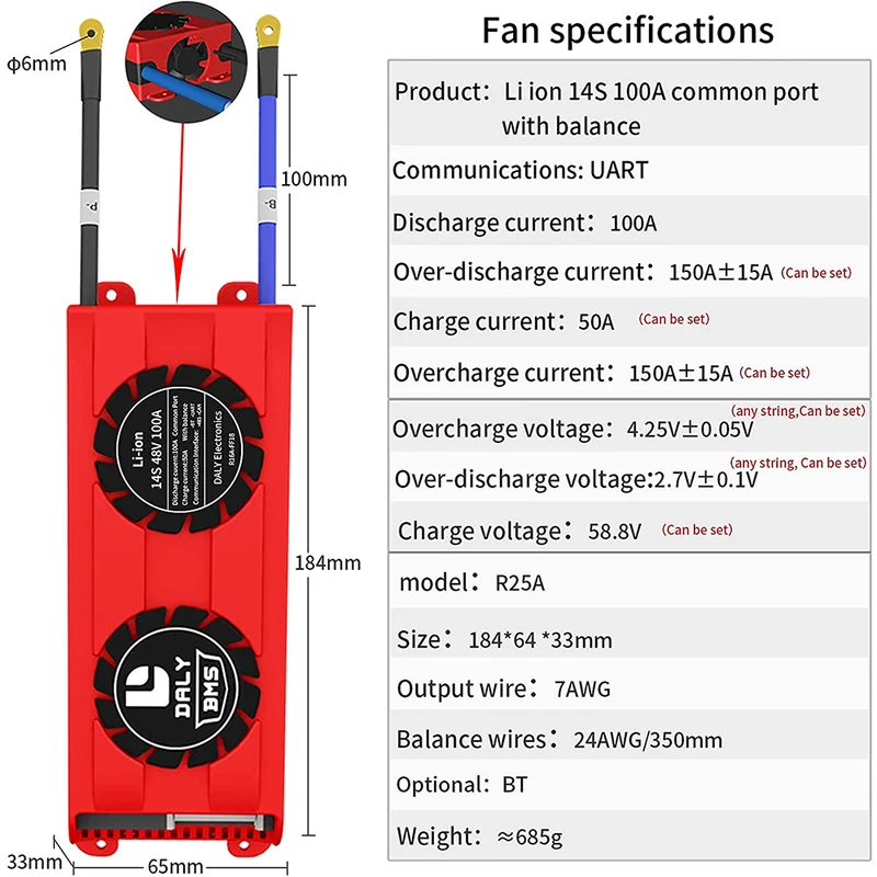 Daly smart bms Li-ion 14S 48V 100A FAN bluetooth BMS board 33 65 184