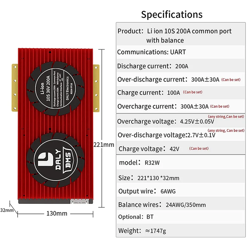 Daly smart bms Li-ion 10S 36V 200A bluetooth 32 130 221