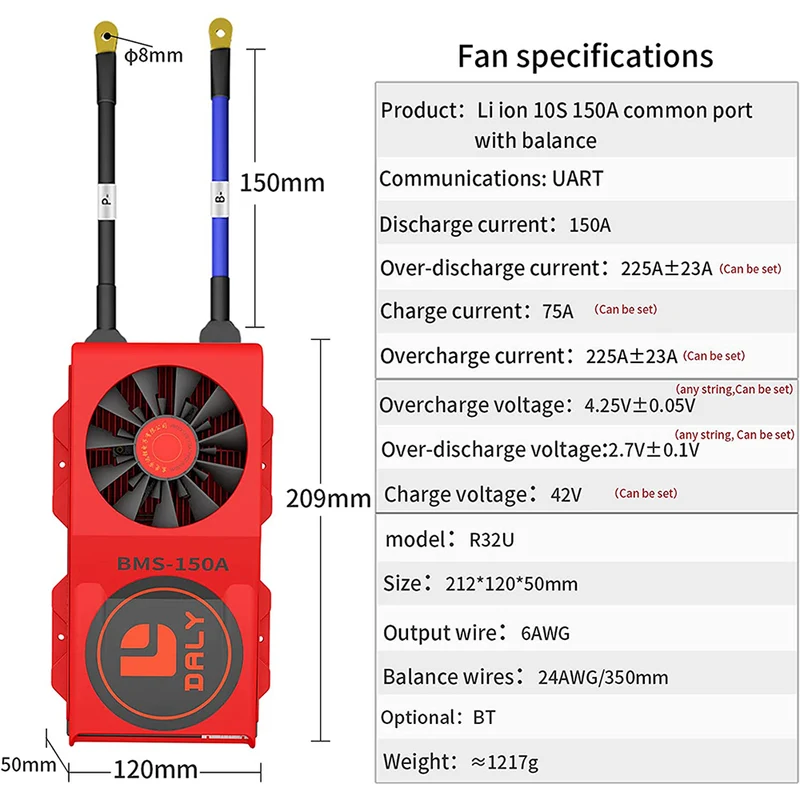 Daly smart bms Li-ion 10S 36V 150A FAN with Fan bluetooth 50 120 209